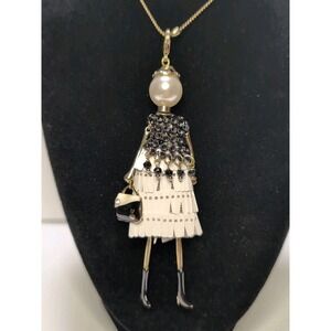 CRS PARIS Doll Signed Pendant And Necklace Rhinestones Gold Tone 31" Chain NWT